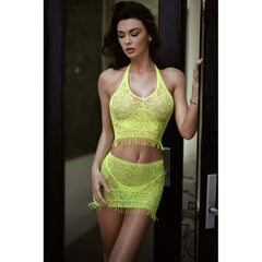 Eyelash Lace 2 Pc Crop, Skirt and Thong Black