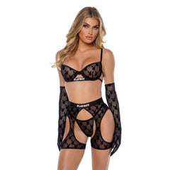 Playboy Flocked Bunny Chaps 3 Pc Set Black