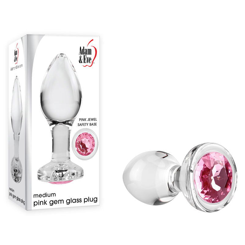 Adam & Eve Pink Gem Glass Butt Plug - Medium 8.7 cm with Pink Gem Base - Shhh...