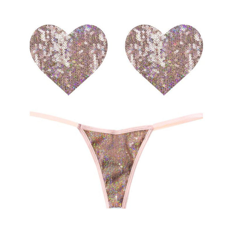 Bubbly Feels Nude Sequin Pantie & Heart Pastie Set - Shhh...
