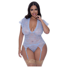 Cap Sleeve Basque and Thong Set Blue - - 3 Sizes - Shhh...