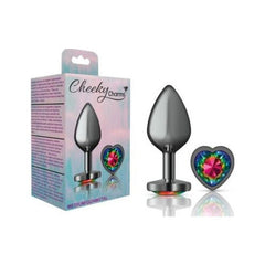 Cheeky Charms Gunmetal Butt Plug w Heart Rainbow Jewel Medium - Shhh...
