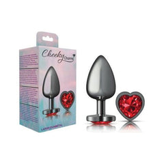 Cheeky Charms Gunmetal Butt Plug w Heart Red Jewel Large - Shhh...