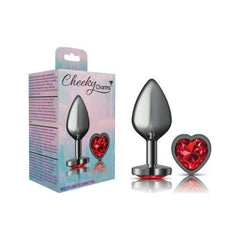 Cheeky Charms Gunmetal Butt Plug w Heart Red Jewel Medium - Shhh...