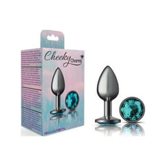 Cheeky Charms Gunmetal Round Butt Plug w Teal Jewel Small - Shhh...