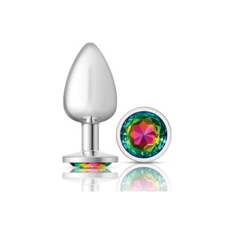 Cheeky Charms Silver Round Butt Plug w Rainbow Jewel Large - Shhh...