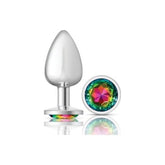 Cheeky Charms Silver Round Butt Plug w Rainbow Jewel Large - Shhh...