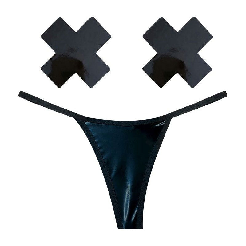 Dom Squad Black Wet Vinyl Pastie & G-String Set - one size - Shhh...