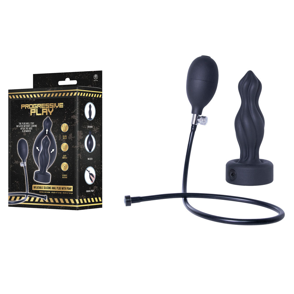 Progressive Play - Inflatable Silicone Anal Plug with Pump - Black 16.5 cm Inflatable Butt Plug