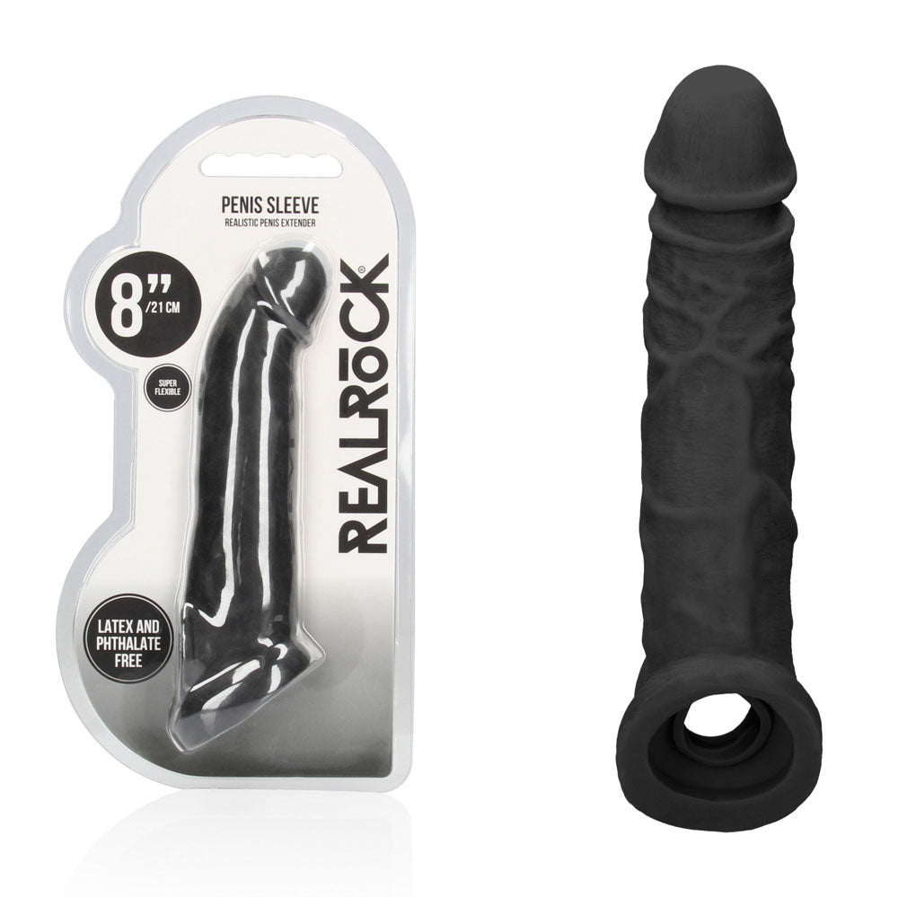 REALROCK 8'' Realistic Penis Extender with Rings - Black - Black 20.3 cm Penis Extension Sleeve