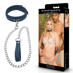 SPORTSHEETS Signature Twilight Tease Collar & Leash - Blue Adjustable Restraint
