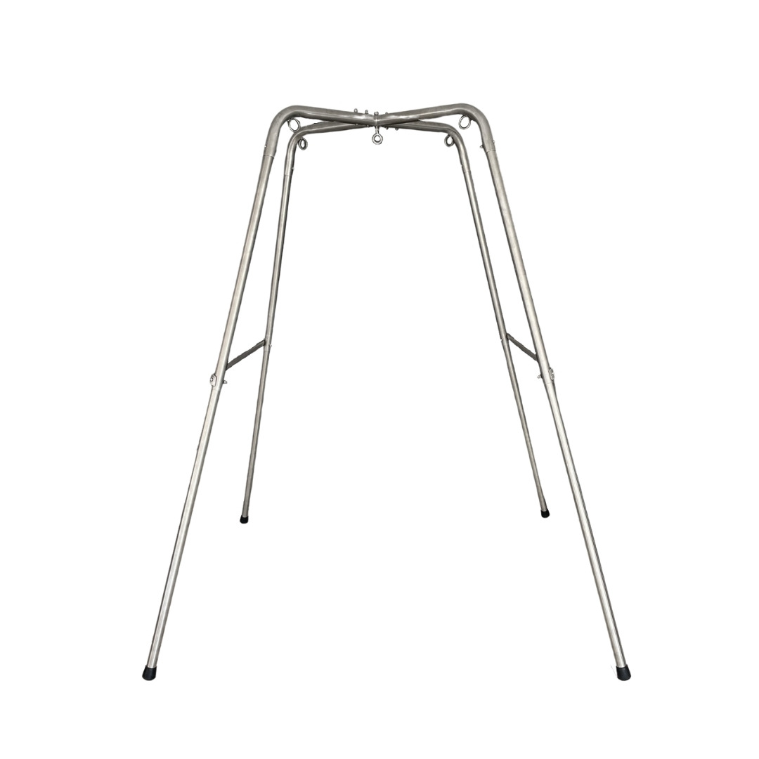 A stainless steel sex swing stand with 4 angled legs and central connecting ring.