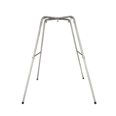A stainless steel sex swing stand with 4 angled legs and central connecting ring.