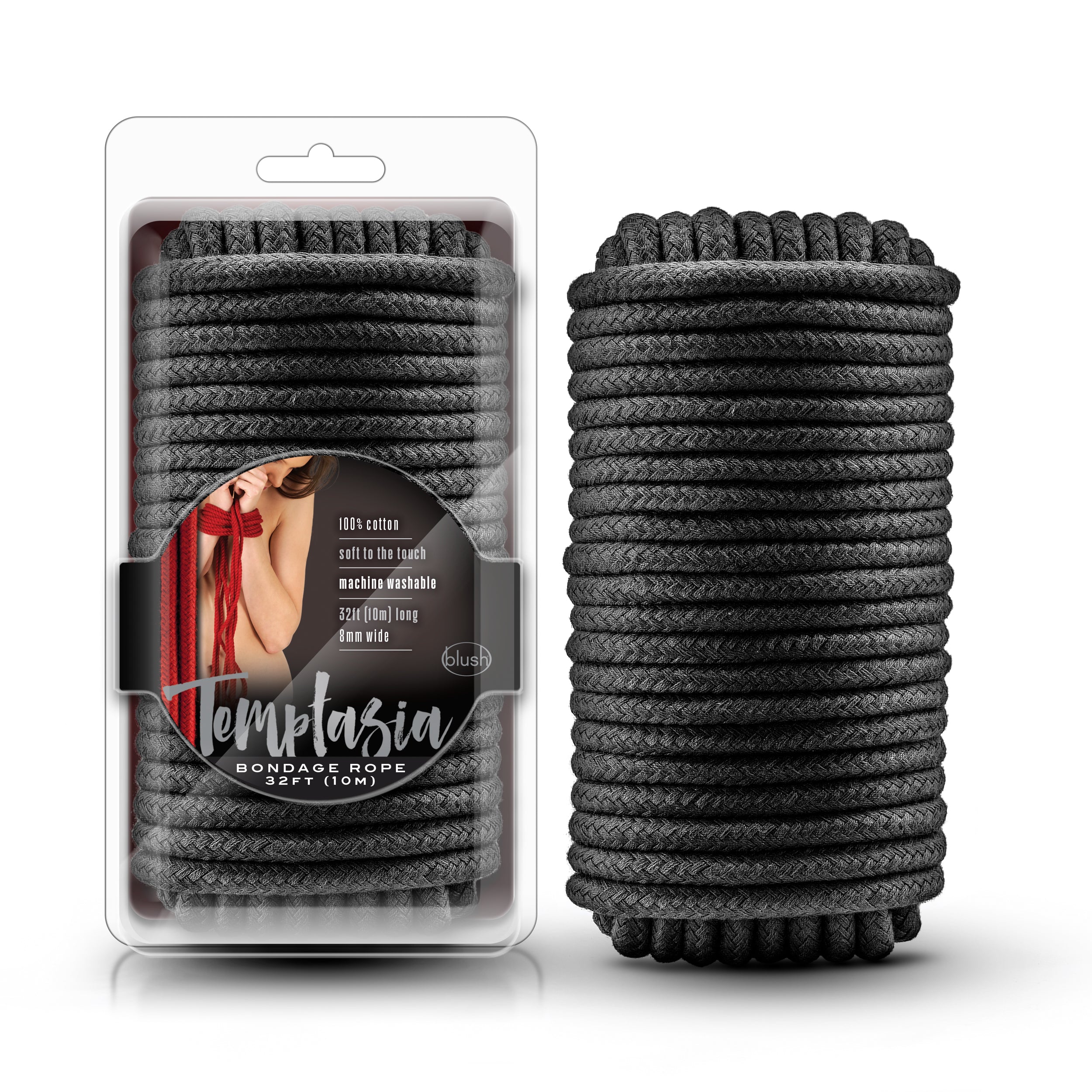 A coiled black cotton rope designed for bondage & BDSM, shown both in its packaging and separately. The packaging features the Temptasia brand logo.