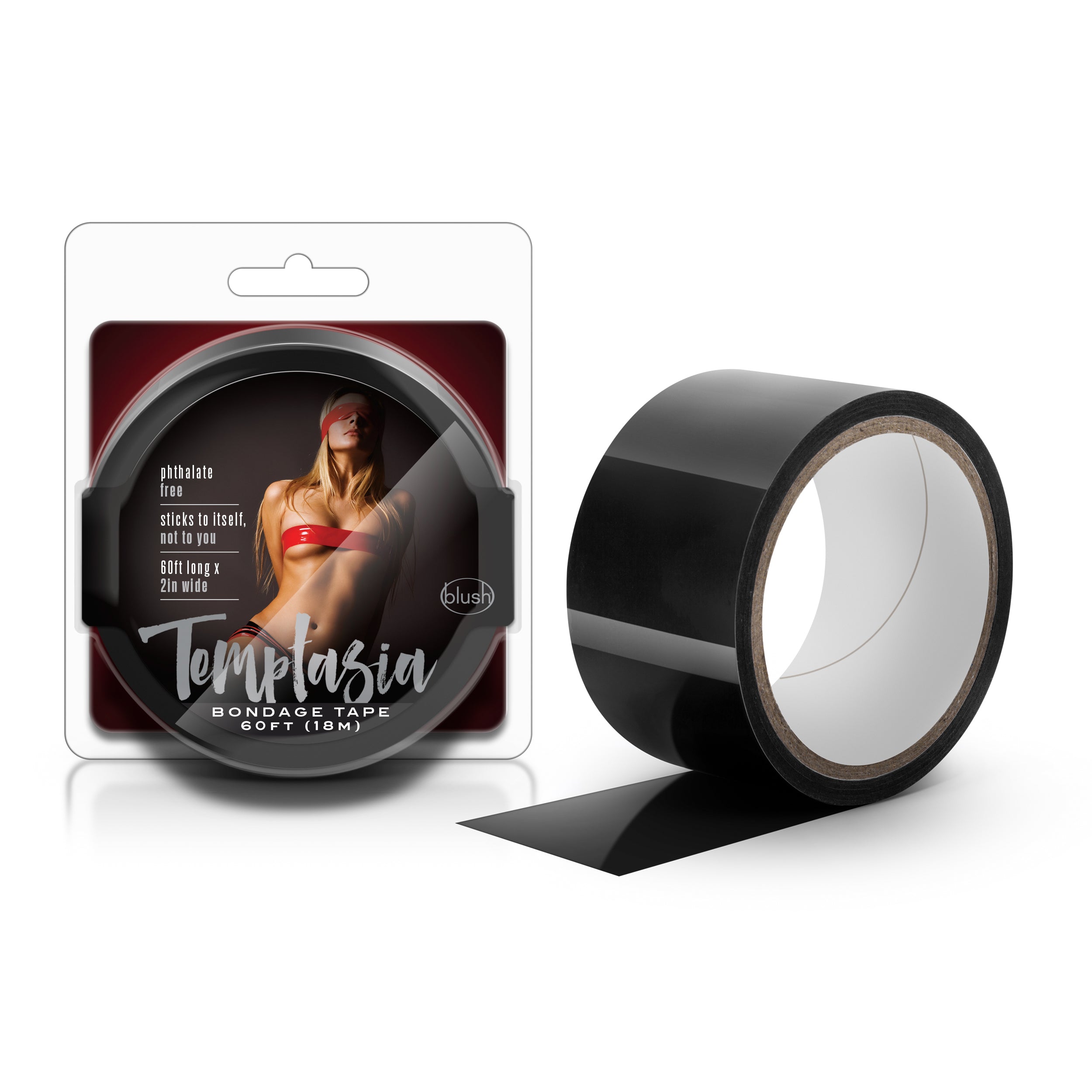 A roll of black Temptasia Bondage Tape displayed next to its packaging which features an image of a woman with a blindfold. The packaging includes the product name and details.