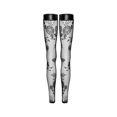 Tulle Stockings w Patterned Flock Embroidery & Power Wetlook Band