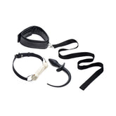 A set of black puppy play accessories including a silicone bone-shaped gag, a flexible silicone tail butt plug, a cushioned adjustable collar, and a leash.