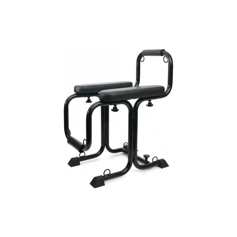 A black metal love seat with adjustable restraint points and padded arm rests, designed for BDSM sex play.