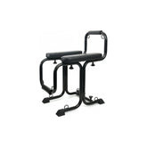A black metal love seat with adjustable restraint points and padded arm rests, designed for BDSM sex play.