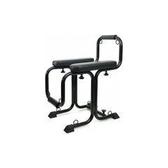 A black metal love seat with adjustable restraint points and padded arm rests, designed for BDSM sex play.