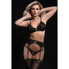 Bra, Garter Belt, Thong and Stockings Lingerie 4 Pc Set Black- One size fits most