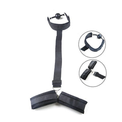 Restraint set - mouth gag with connected wrist cuffs