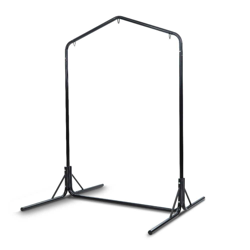 A black powder-coated steel frame designed for supporting BDSM equipment such as a sex swing or a suspended slave cage. It has a triangular shape with eyelets on the top bar.