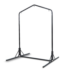 A black powder-coated steel frame designed for supporting BDSM equipment such as a sex swing or a suspended slave cage. It has a triangular shape with eyelets on the top bar.