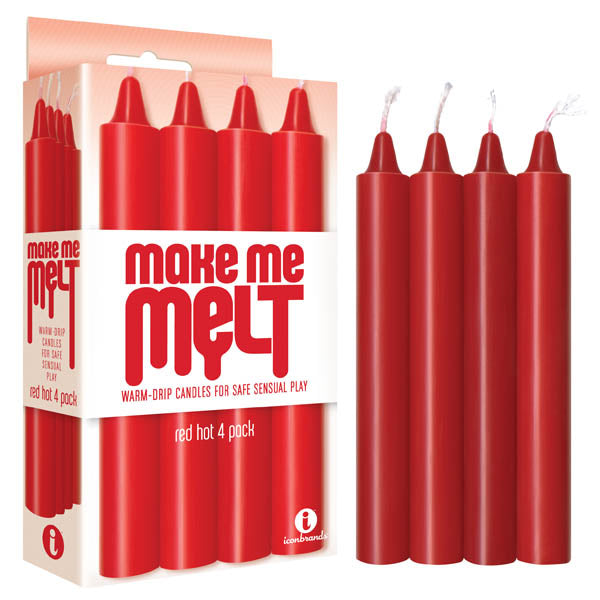 A pack of four red drip candles designed for BDSM sex play, with the packaging displaying the product name and description.