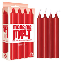 A pack of four red drip candles designed for BDSM sex play, with the packaging displaying the product name and description.