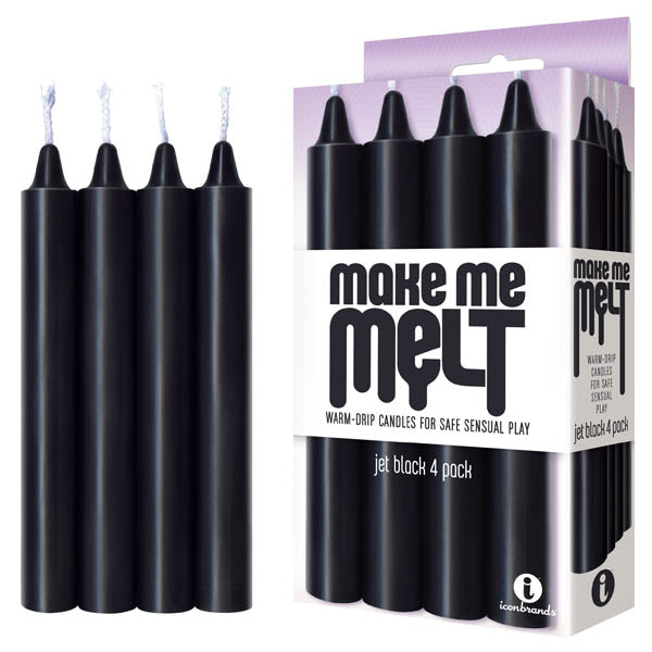 A pack of four black drip candles designed for BDSM sex play, with the packaging displaying the product name and description.