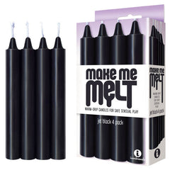 A pack of four black drip candles designed for BDSM sex play, with the packaging displaying the product name and description.