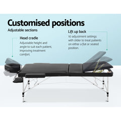 Zenses 3 Fold Portable Aluminium Massage Table - Black 75cm wide