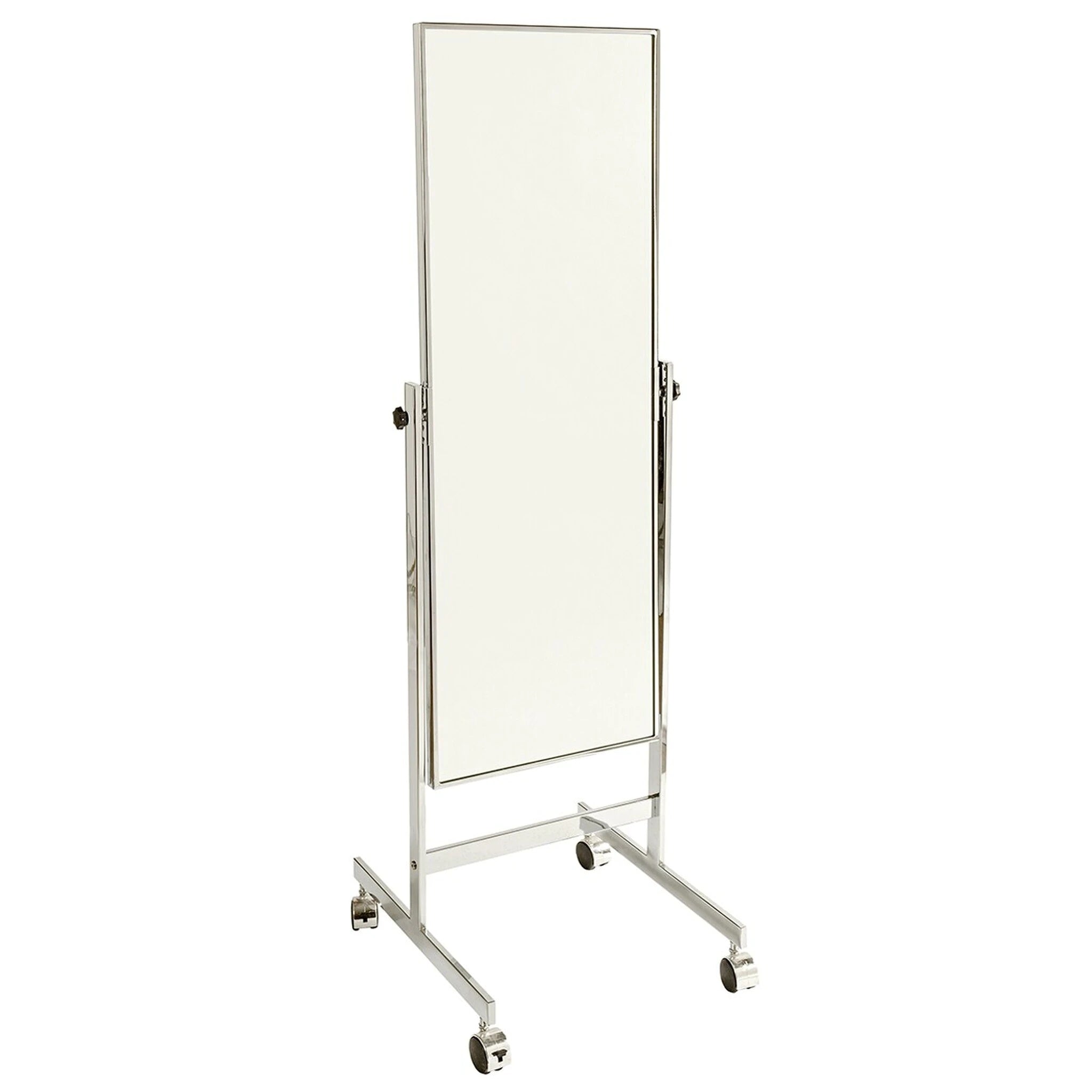 A large chrome framed mirror on wheels with an adjustable angle and a black frame. The mirror is upright, and the image shows the mirror with its heavy duty castor wheels