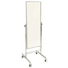 A large chrome framed mirror on wheels with an adjustable angle and a black frame. The mirror is upright, and the image shows the mirror with its heavy duty castor wheels