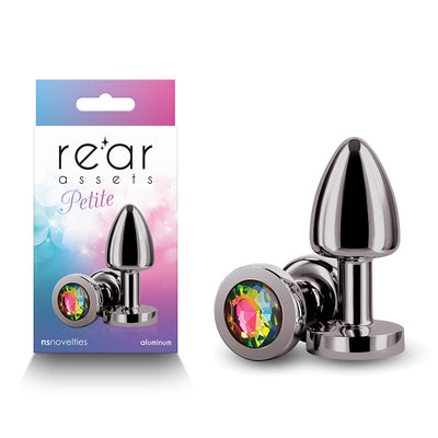 Rear Assets Butt Plug with Rainbow Gem - Gunmetal Chrome Petite
