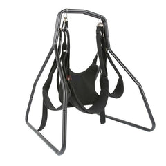 A black, low height sex swing with a sturdy frame and a harness made of synthetic leather. It features a deep seat pocket and leg strap support.