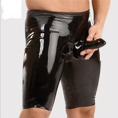 Latex shorts with integrated dick sleeve.