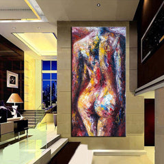 Stunning naked rear aspect portrait, abstract pastel on canvas.