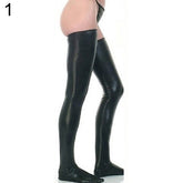 Latex thigh high stockings. In red or black. One size fits all design.