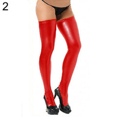 Latex thigh high stockings. In red or black. One size fits all design.
