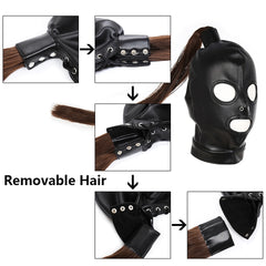 Leather bondage hood with removable hair incl. chest belt with collar