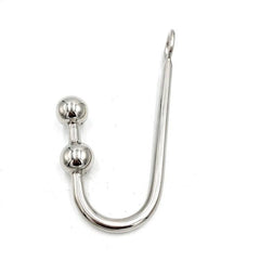A stainless steel anal hook with a double ball end, smooth finish, and an eyelet for rope.