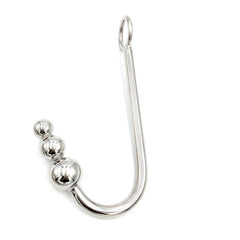 A stainless steel anal hook with a triple ball end, featuring a smooth finish and a rope eyelet for attachment.