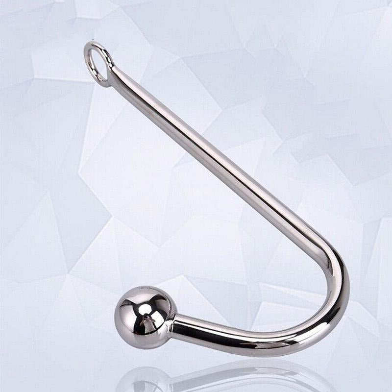 A stainless steel Anal hook with a single ball end. The hook is 250mm long and has a rope eyelet.