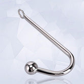 A stainless steel Anal hook with a single ball end. The hook is 250mm long and has a rope eyelet.