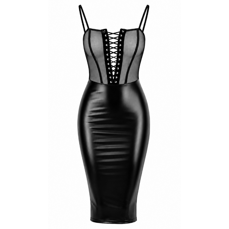 Wet Look Sheer Lace Up Dress Black