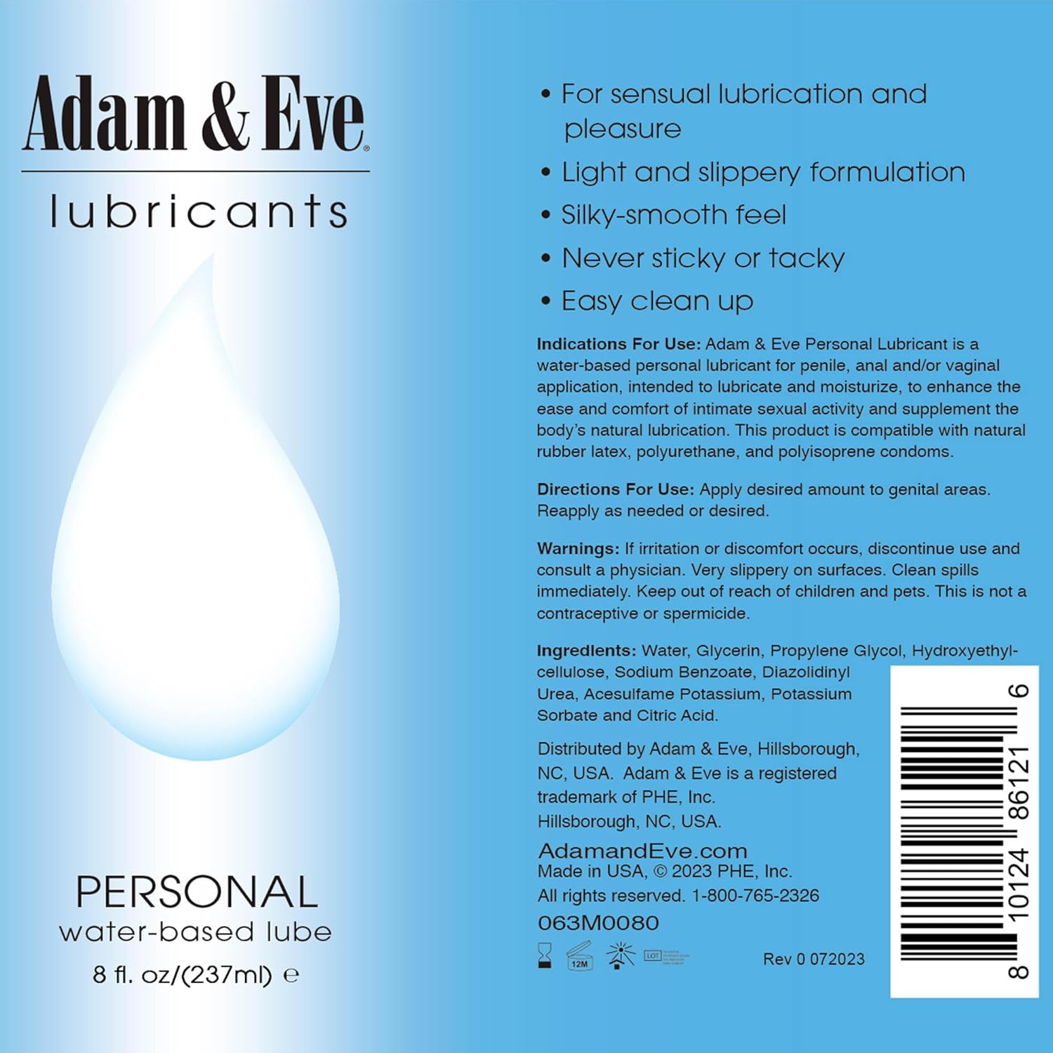 Adam & Eve Personal Water Based Gel Lubricant - 237 ml (8 oz) Bottle