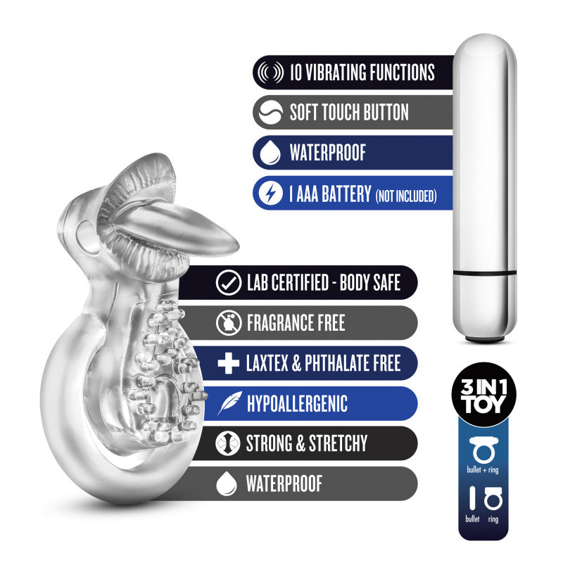 Stay Hard 10-Function Vibrating Tongue Cock & Ball Ring - Clear