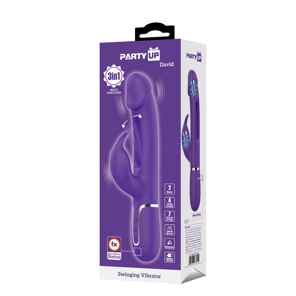 Party Up DAVID 23.2 cm USB Rabbit Vibrator with Flicking Arm - PURPLE